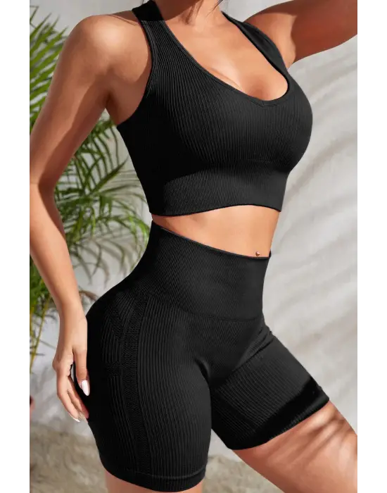 Omarı Siyah Yüksek Bel Çapraz Sırt Detaylı Gecelik Takım