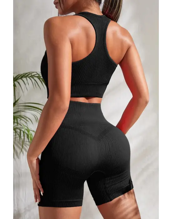 Omarı Siyah Yüksek Bel Çapraz Sırt Detaylı Gecelik Takım