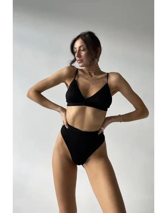 Omarı Yüksek Bel Siyah Dolgusuz Slip Takım