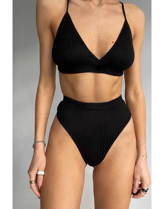 Omarı Yüksek Bel Siyah Dolgusuz Slip Takım