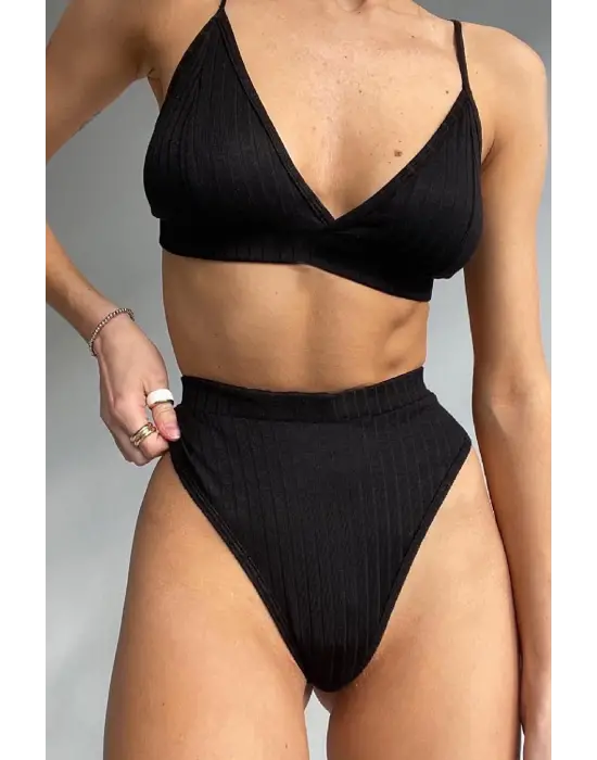 Omarı Yüksek Bel Siyah Dolgusuz Slip Takım