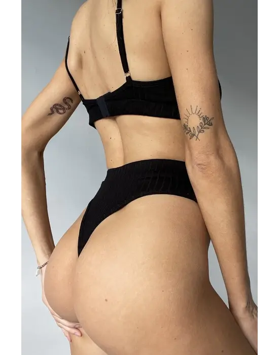 Omarı Yüksek Bel Siyah Dolgusuz Slip Takım