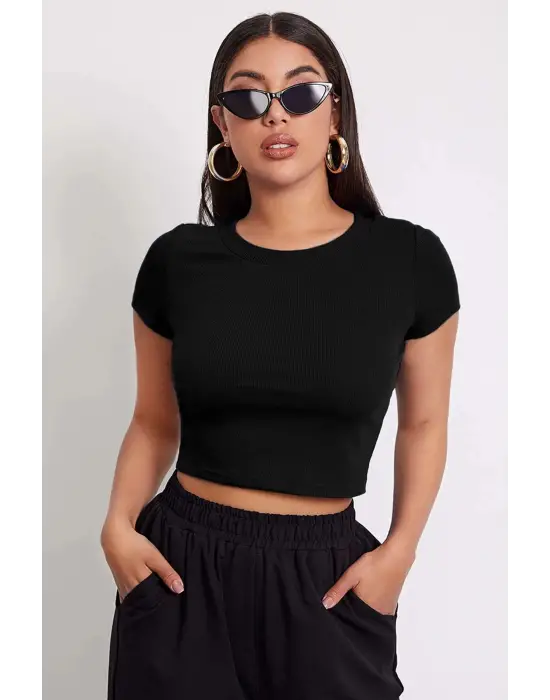 Omarı Siyah Yuvarlak Yaka Crop Top Bluz