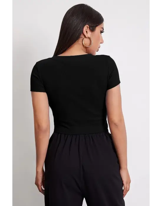 Omarı Siyah Yuvarlak Yaka Crop Top Bluz