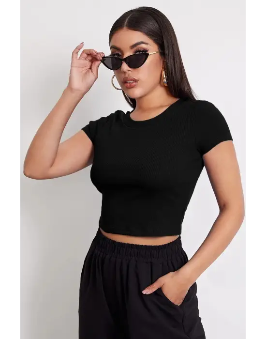 Omarı Siyah Yuvarlak Yaka Crop Top Bluz