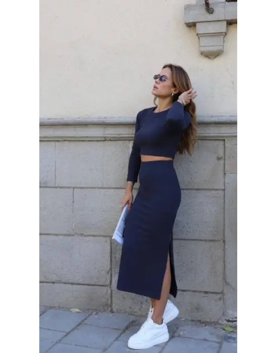 Kadın Soft Kaşkorse Kumaş Bluz Ve Yırtmaç Detaylı Etek Ikili Takım