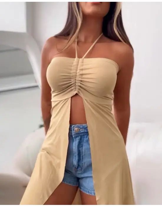 Kadın Straplez Boyundan Askılı Midi Bluz