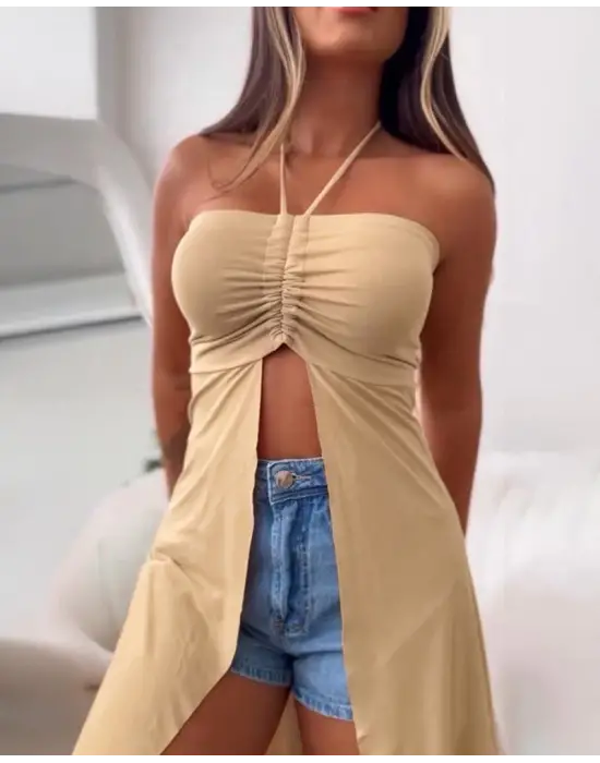 Omarı Kırmızı Straplez Midi Bluz