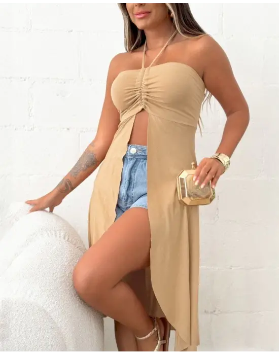 Omarı Kırmızı Straplez Midi Bluz