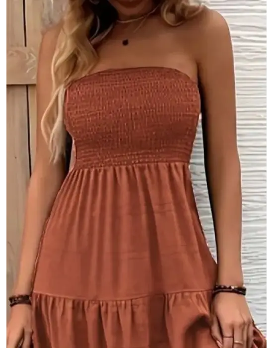 Kadın Straplez Göğüsten Lastikli Kloş Aerobin Uzun Elbise