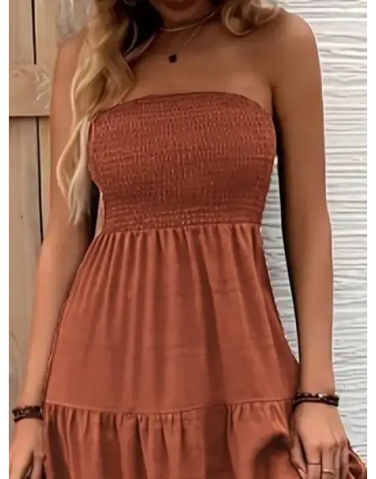 Kadın Straplez Göğüsten Lastikli Kloş Aerobin Uzun Elbise