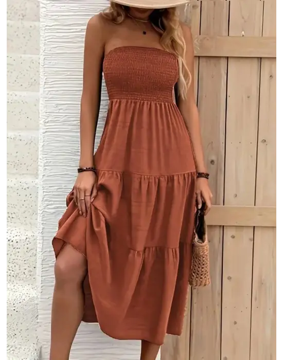 Kadın Straplez Göğüsten Lastikli Kloş Aerobin Uzun Elbise