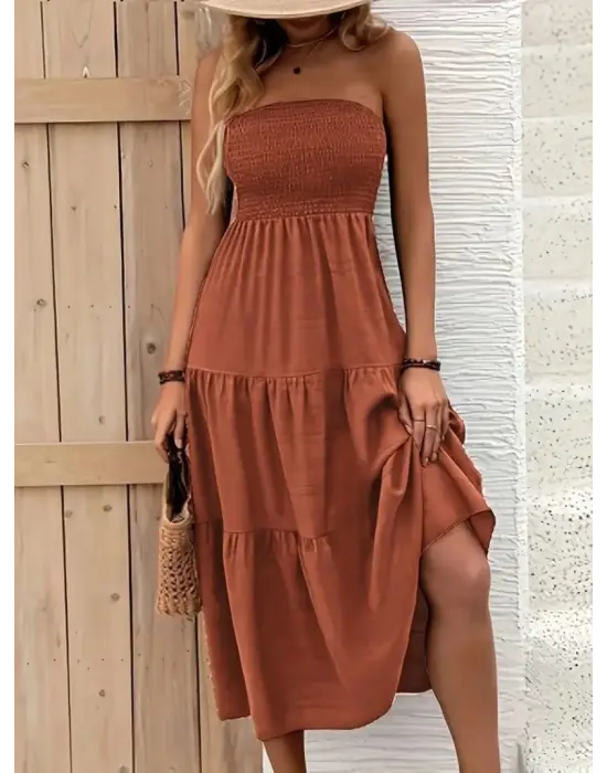 Kadın Straplez Göğüsten Lastikli Kloş Aerobin Uzun Elbise