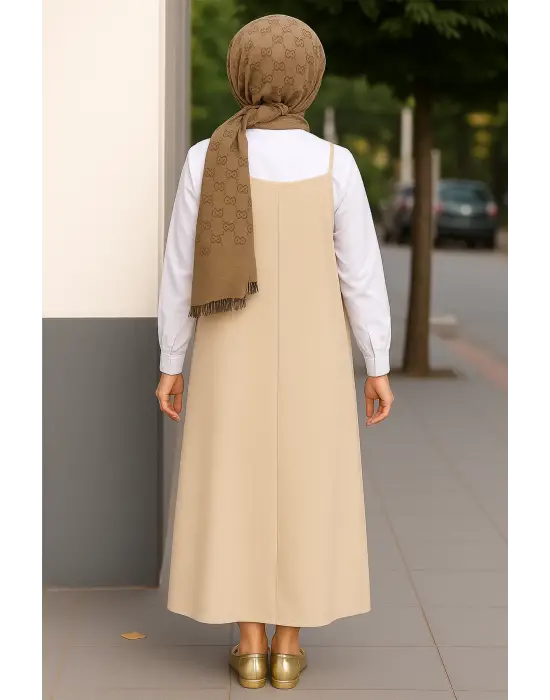 Kadın Taş Rengi Basic Ayarlanabilir Askılı Jile Elbise