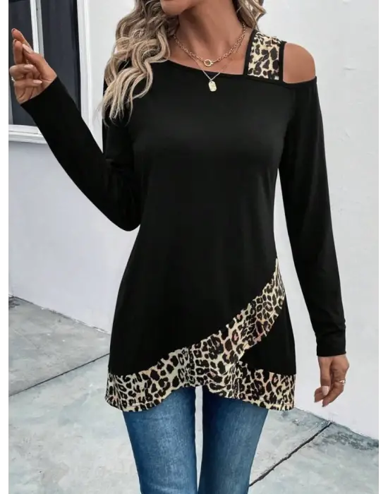 Kadın Tek O Uzdan Açık Askılı Uzun Kollu Leopar Detaylı Viskon Bluz