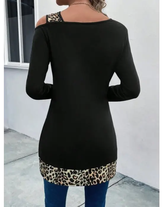 Kadın Tek O Uzdan Açık Askılı Uzun Kollu Leopar Detaylı Viskon Bluz