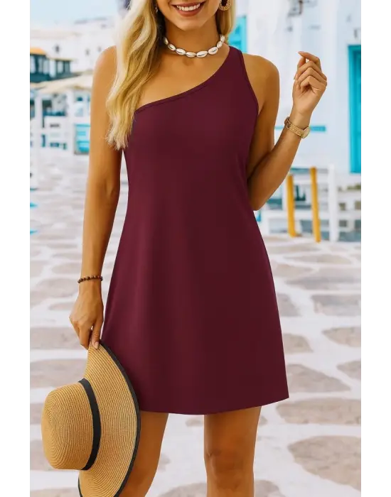 Kadın Tek Omuz Askılı Krep Mini Elbise