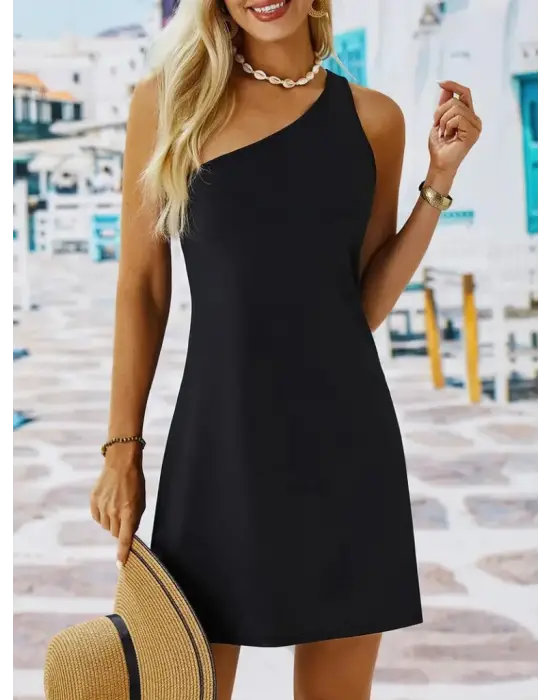 Omarı Şık Tek Omuz Askılı Mini Elbise