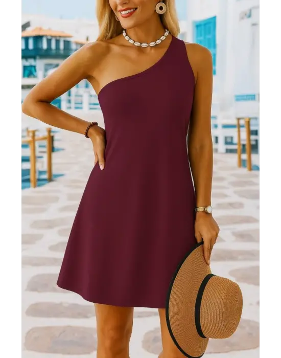 Kadın Tek Omuz Askılı Krep Mini Elbise