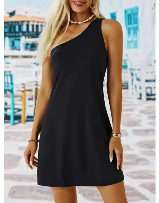 Omarı Şık Tek Omuz Askılı Mini Elbise