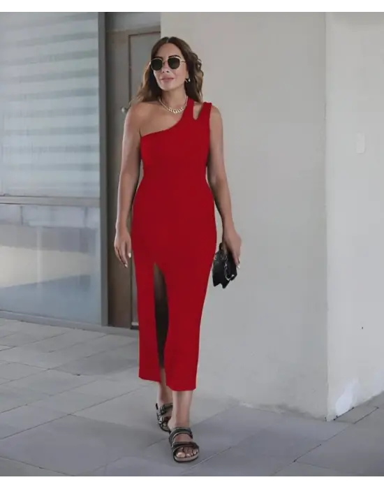 Kadın Tek Omuz Damla Detay Yırtmaçlı Krep Elbise