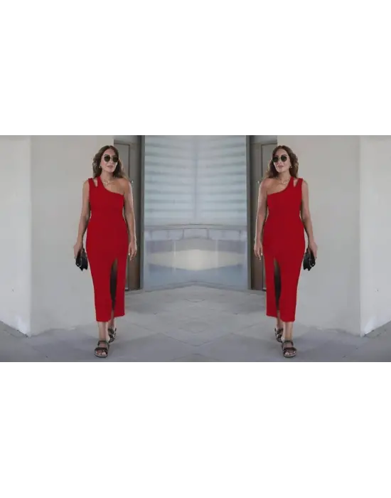 Kadın Tek Omuz Damla Detay Yırtmaçlı Krep Elbise