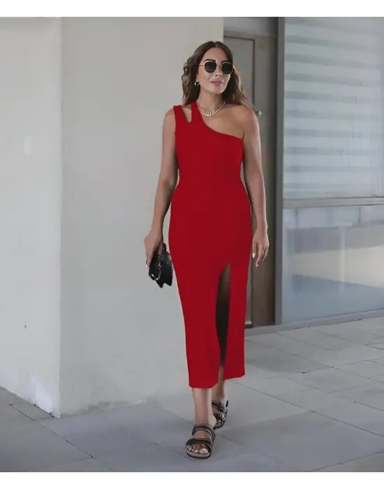 Kadın Tek Omuz Damla Detay Yırtmaçlı Krep Elbise