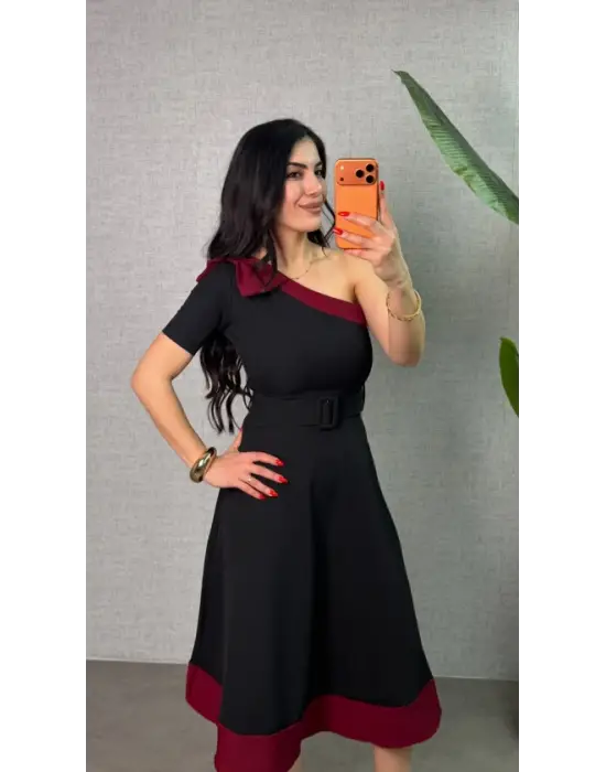 Kadın Tek Omuz Fiyonk Detaylı Midi Boy Elbise