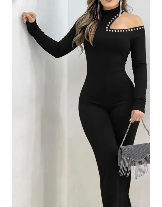 Zarif Balıkçı Yaka Taş Detaylı Ithal Krep Tulum