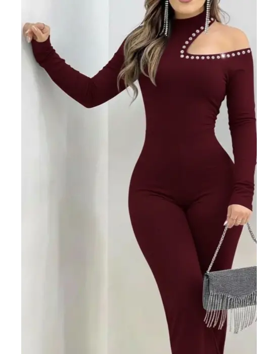 Kadın Tek Omuzdan Açık Balıkçı Yaka Taş Detaylı Uzun Ithal Krep Tulum