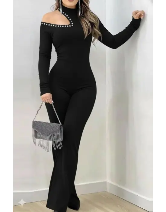 Kadın Tek Omuzdan Açık Balıkçı Yaka Taş Detaylı Uzun Ithal Krep Tulum