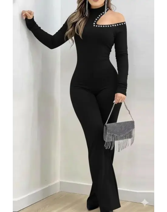 Zarif Balıkçı Yaka Taş Detaylı Ithal Krep Tulum