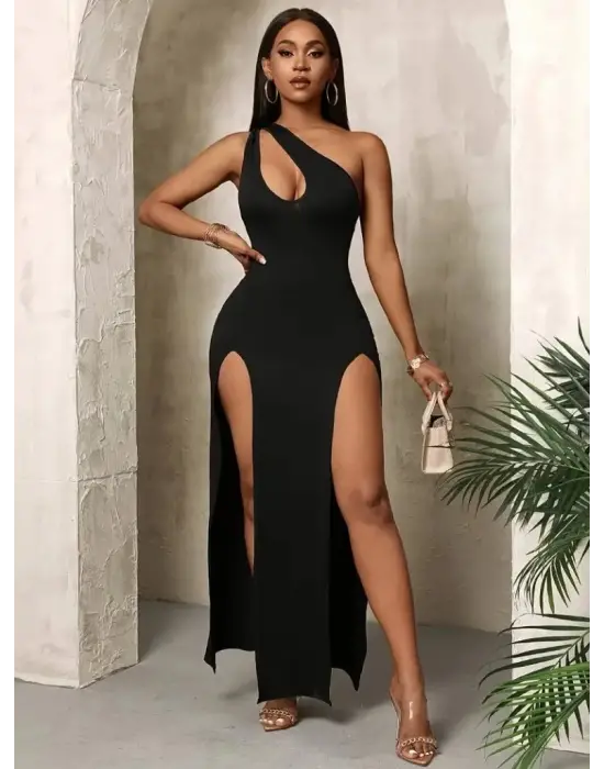 Omarı Şık Kadın Tek Omuzlu Yırtmaç Detaylı Krep Elbise