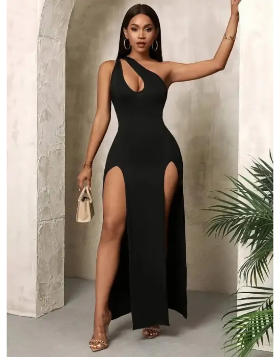 Omarı Şık Kadın Tek Omuzlu Yırtmaç Detaylı Krep Elbise