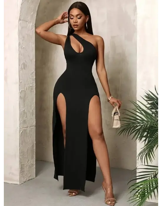 Omarı Şık Kadın Tek Omuzlu Yırtmaç Detaylı Krep Elbise