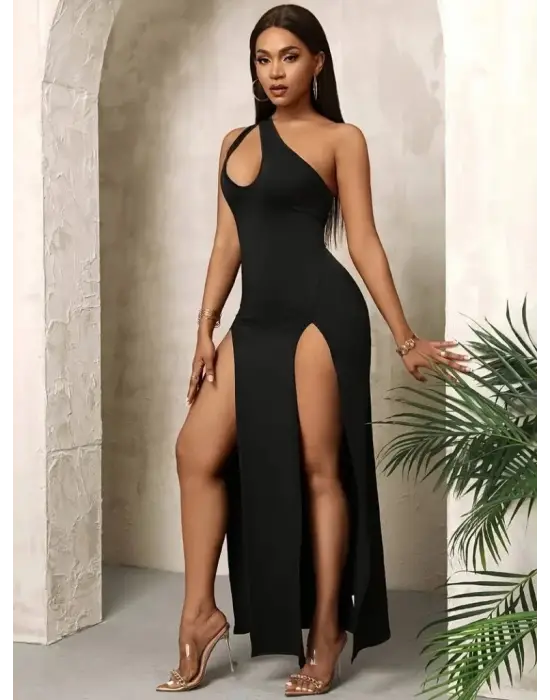 Omarı Şık Kadın Tek Omuzlu Yırtmaç Detaylı Krep Elbise