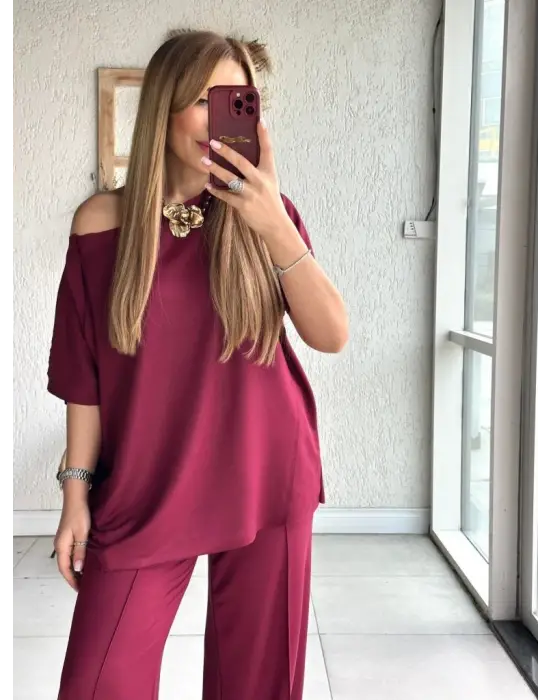 Kadın Tek Omuzdan Açık Geniş Kesim Viskon Iki Iplik Bluz Ve Pantolon Ikili Takım