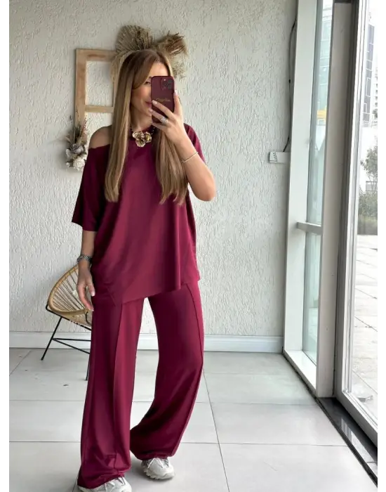 Kadın Tek Omuzdan Açık Geniş Kesim Viskon Iki Iplik Bluz Ve Pantolon Ikili Takım