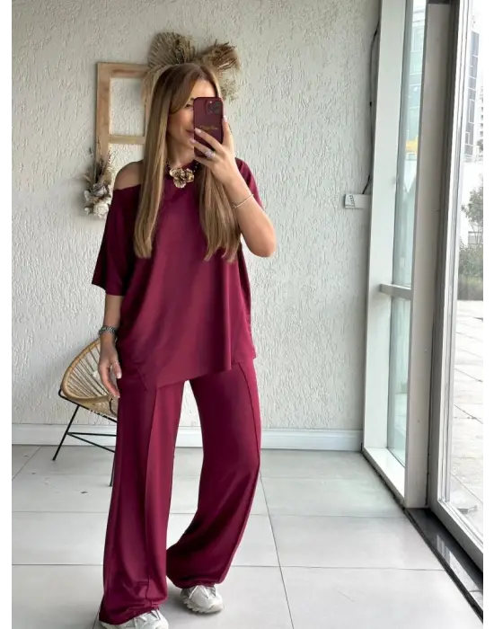 Kadın Tek Omuzdan Açık Geniş Kesim Viskon Iki Iplik Bluz Ve Pantolon Ikili Takım