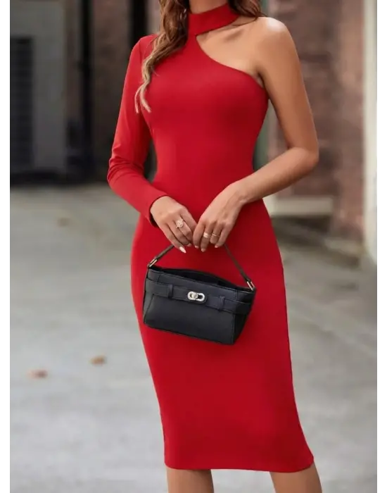 Kadın Tek Omuzdan Açık Uzun Kollu Balıkçı Yaka Midi Ithal Krep Elbise