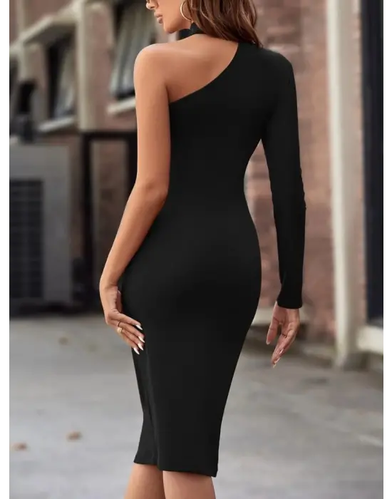 Kadın Tek Omuzdan Açık Uzun Kollu Balıkçı Yaka Midi Ithal Krep Elbise