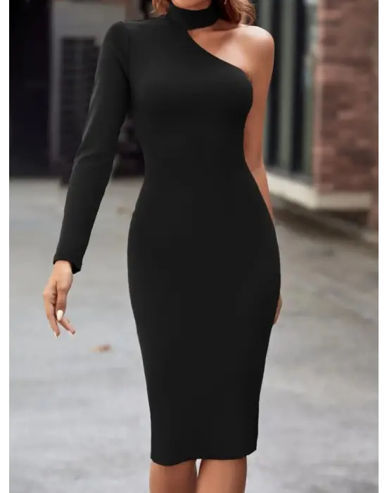 Kadın Tek Omuzdan Açık Uzun Kollu Balıkçı Yaka Midi Ithal Krep Elbise