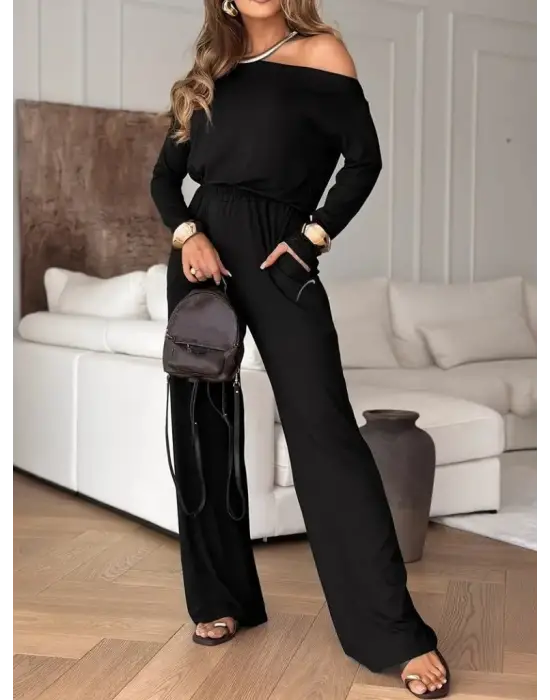 Kadın Tek Omuzdan Açık Uzun Kollu Belden Bağcıklı Uzun Viskon Iki Iplik Tulum