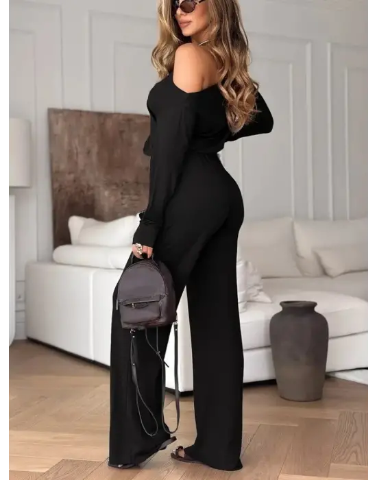 Kadın Tek Omuzdan Açık Uzun Kollu Belden Bağcıklı Uzun Viskon Iki Iplik Tulum