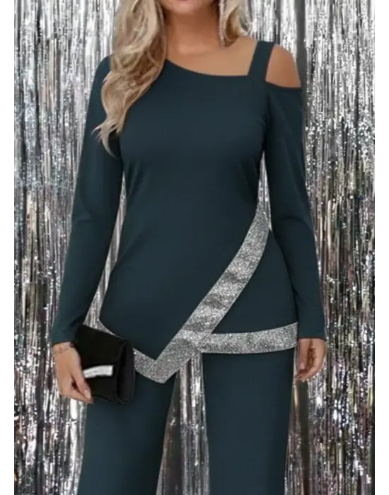 Kadın Tek Omuzdan Açık Uzun Kollu önü Pulpayet Ithal Krep Bluz Ve Pantolon