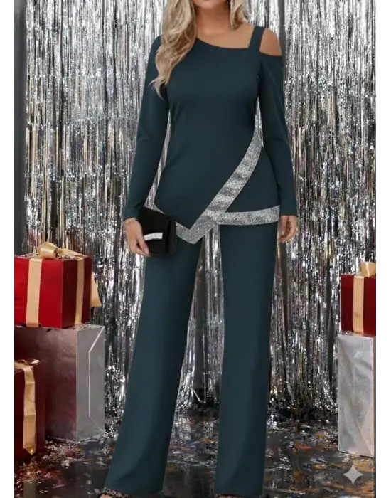 Kadın Tek Omuzdan Açık Uzun Kollu önü Pulpayet Ithal Krep Bluz Ve Pantolon