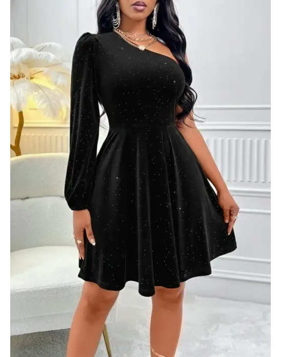 Kadın Tek Omuzdan Açık Uzun Kollu Taşlı Mini Elbise