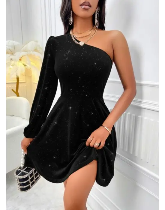 Kadın Tek Omuzdan Açık Uzun Kollu Taşlı Mini Elbise