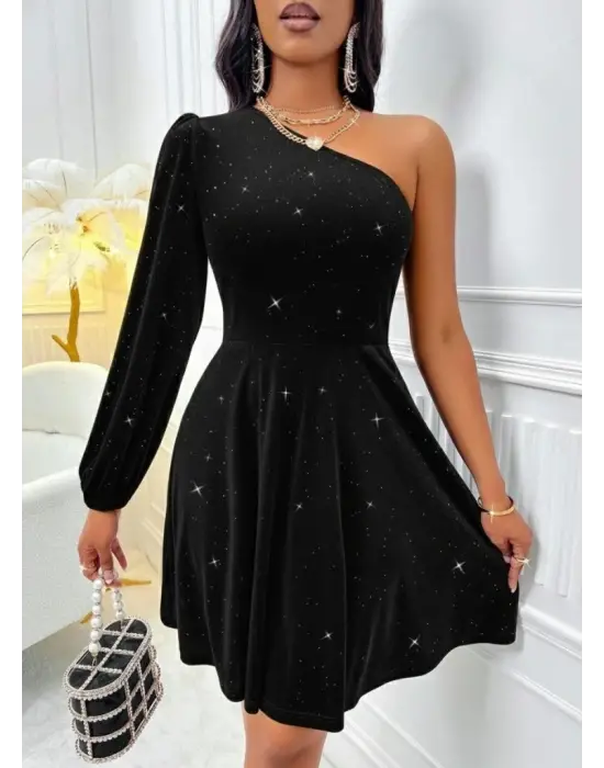 Kadın Tek Omuzdan Açık Uzun Kollu Taşlı Mini Elbise