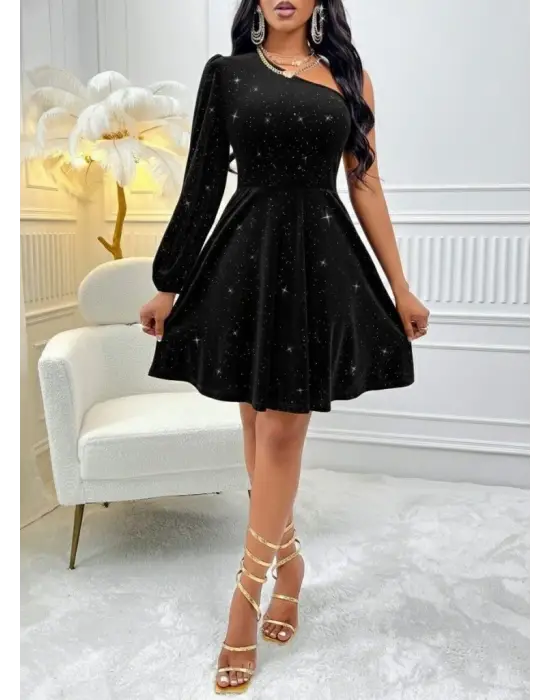 Kadın Tek Omuzdan Açık Uzun Kollu Taşlı Mini Elbise